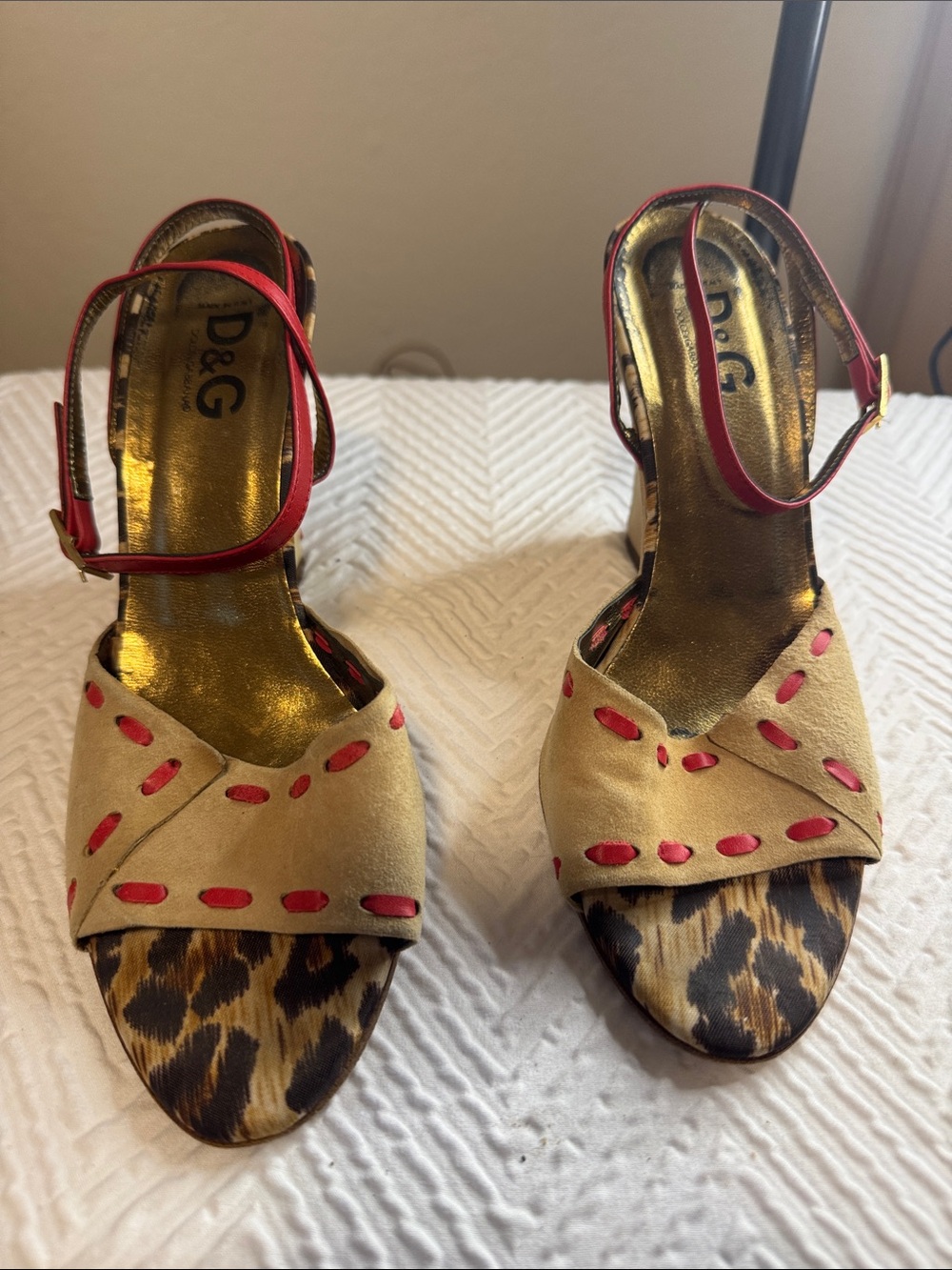 Dolce & Gabbana Beige Suede Leopard-Print Heels with Red Straps